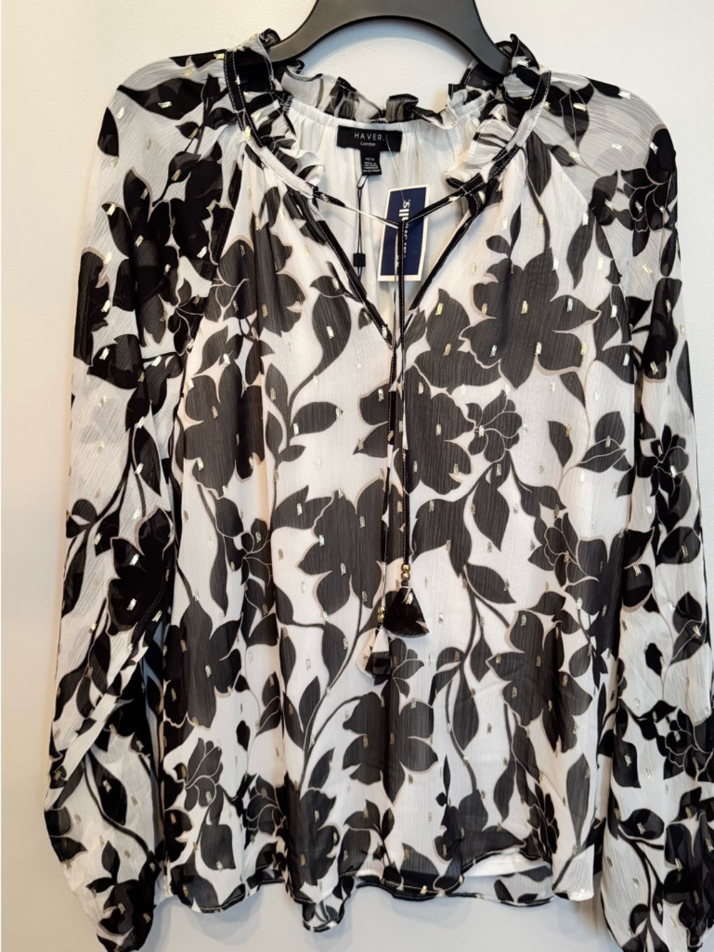 Haver London Black and White Floral Tassel Tie Blouse